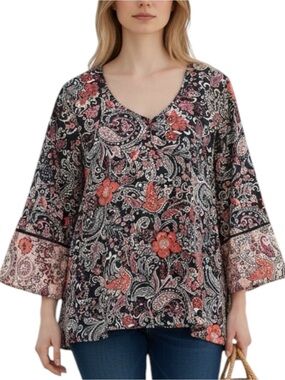 J. Jill Sz MEDIUM Black Coral Paisley V-Neck Bell Sleeve Relaxed Fit Blouse Top